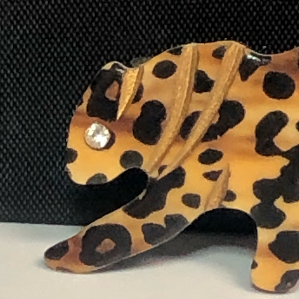 Animal Print Leopard Barrette Brown Carved Wood 3” Rhinestone Eye Artistic Hair
